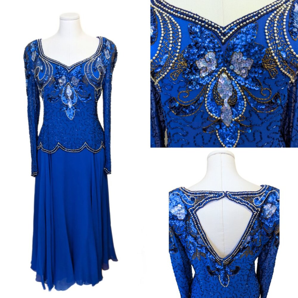Vintage Augustat 80s Beaded Prom Gown Dress Art Deco Sequined Formal Sz 42/L